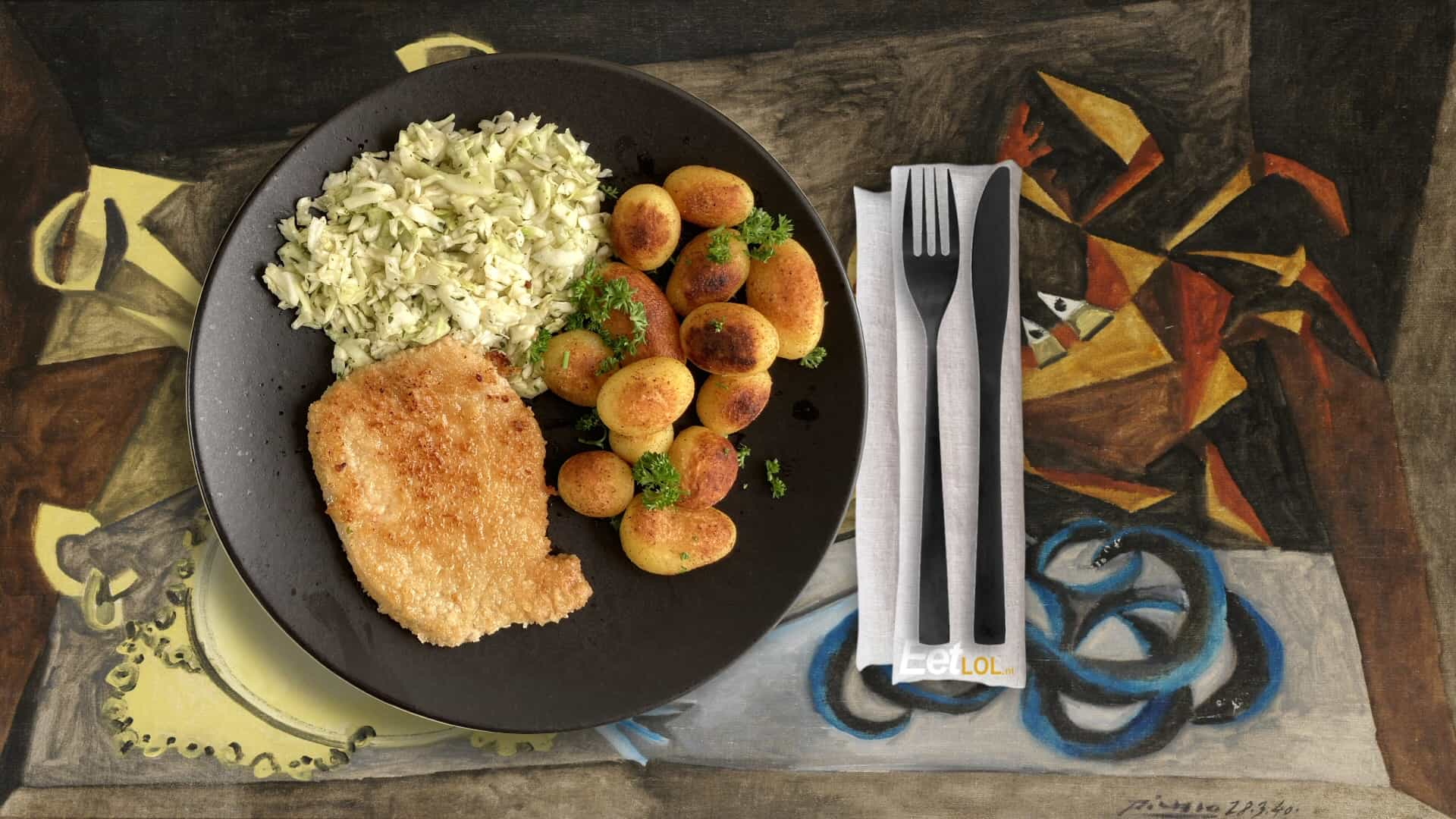 Krieltjes met gehaktschnitzel en koolsalade