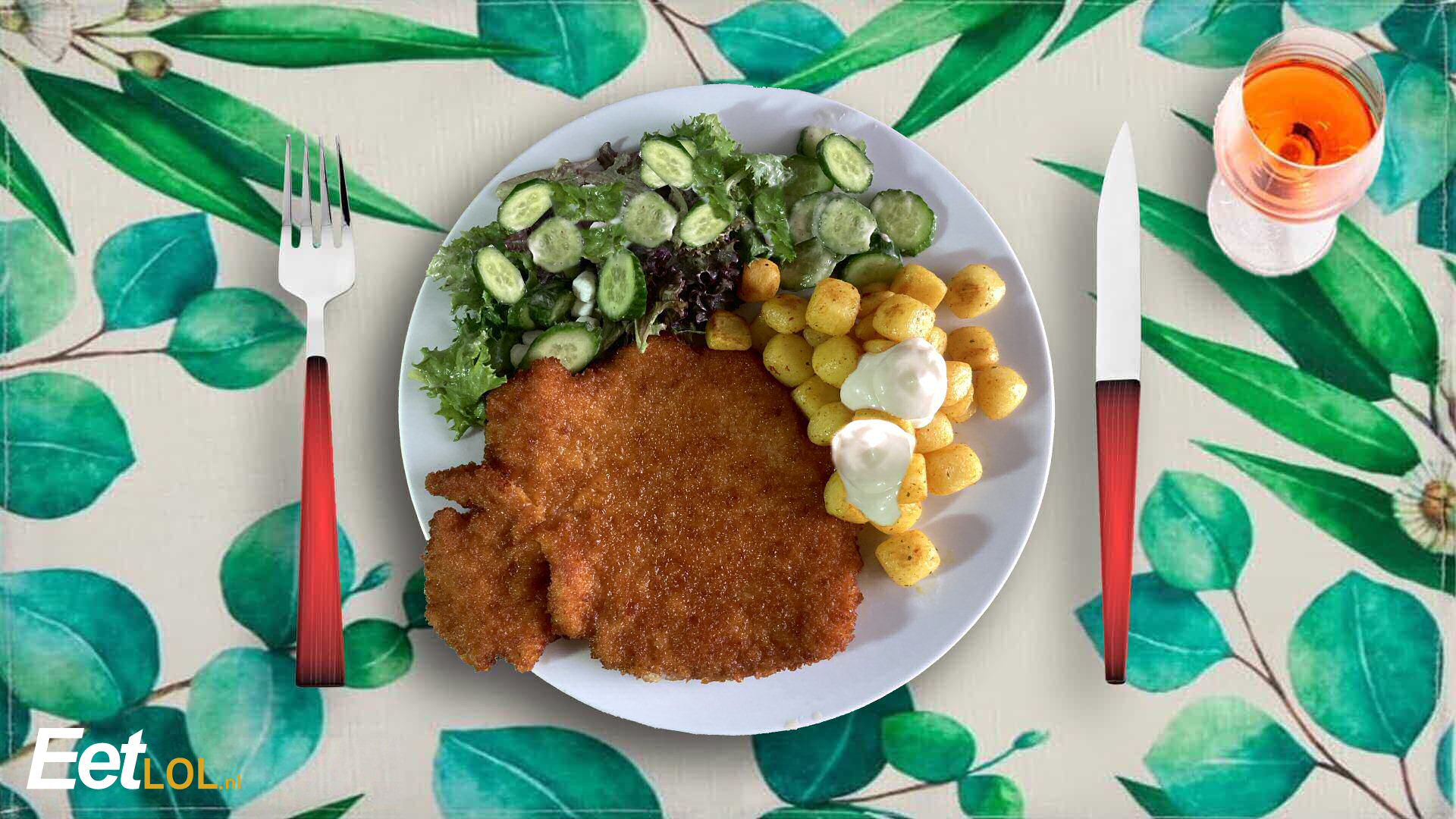 Krieltjes met slamelange en schnitzel XXL