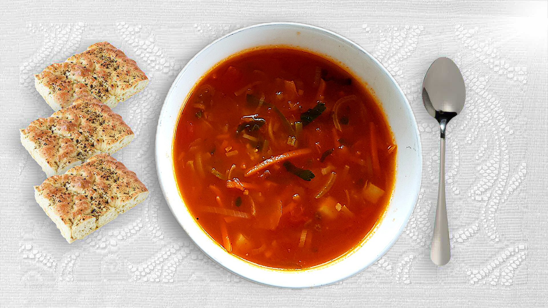 Tomaten maaltijdsoep met focaccia brood