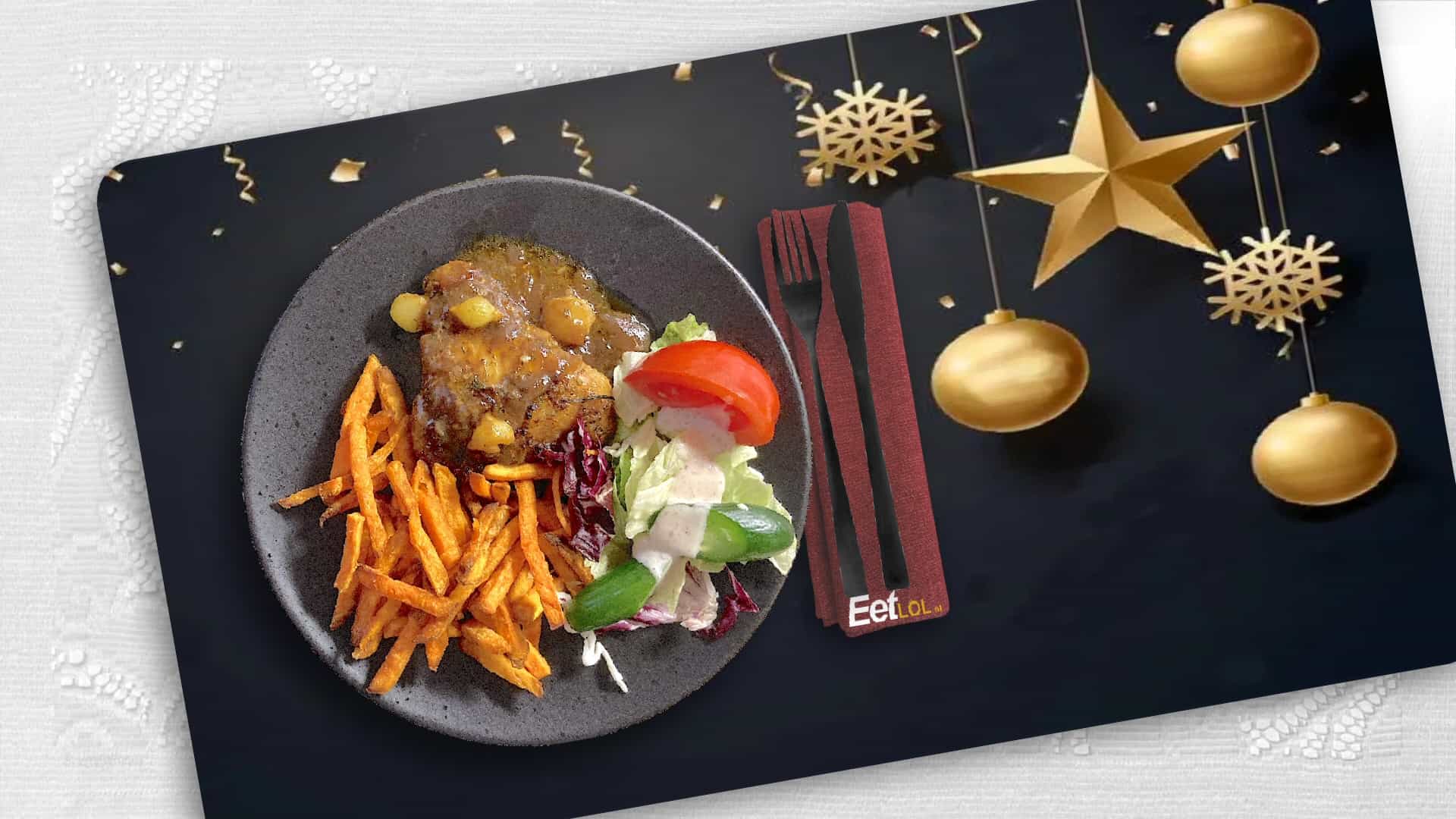 Coq au vin (eenvoudig) met zoete aardappelfriet en sla