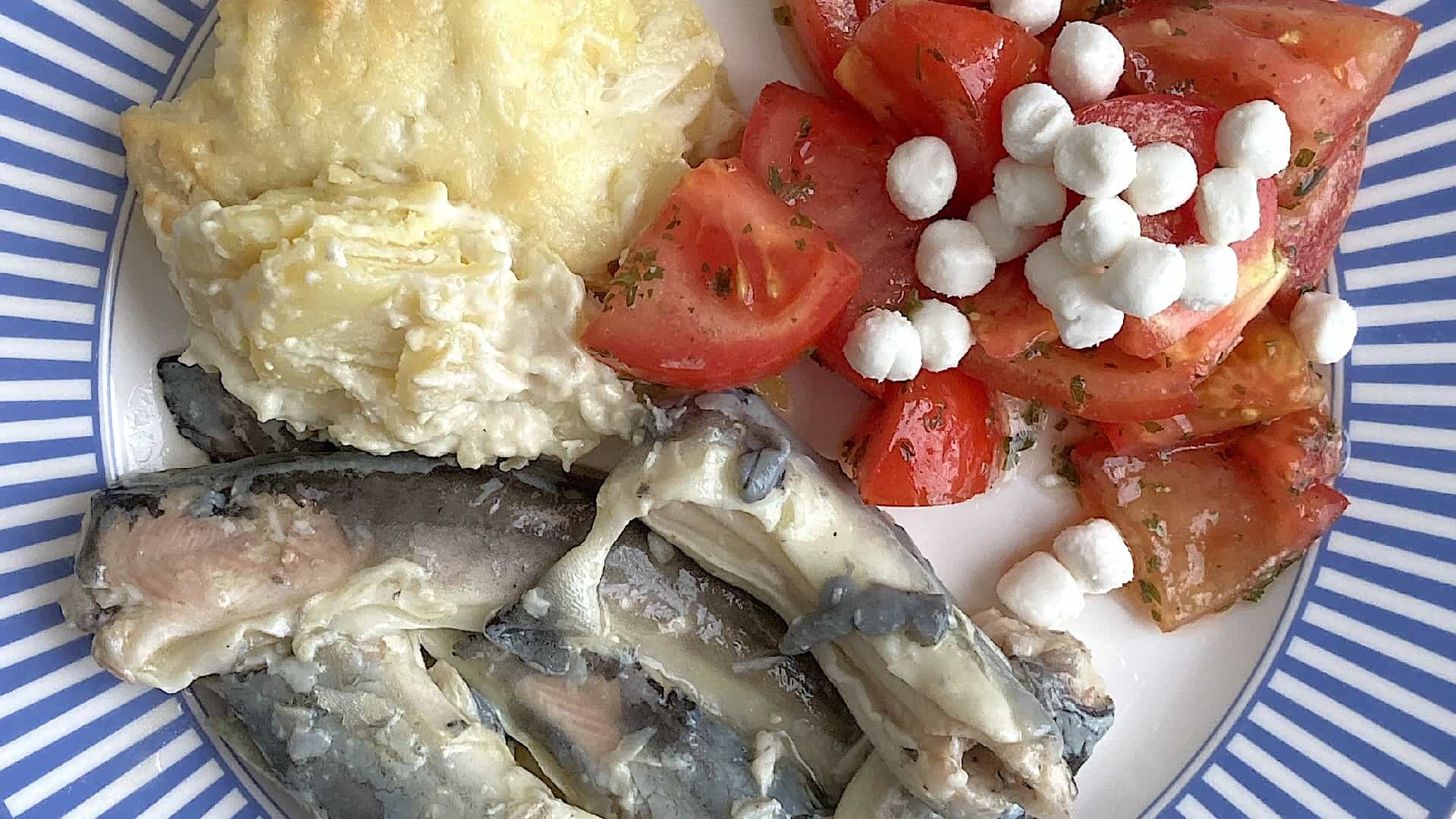 Kant en klare stoofaal met aardappelgratin en tomatensalade