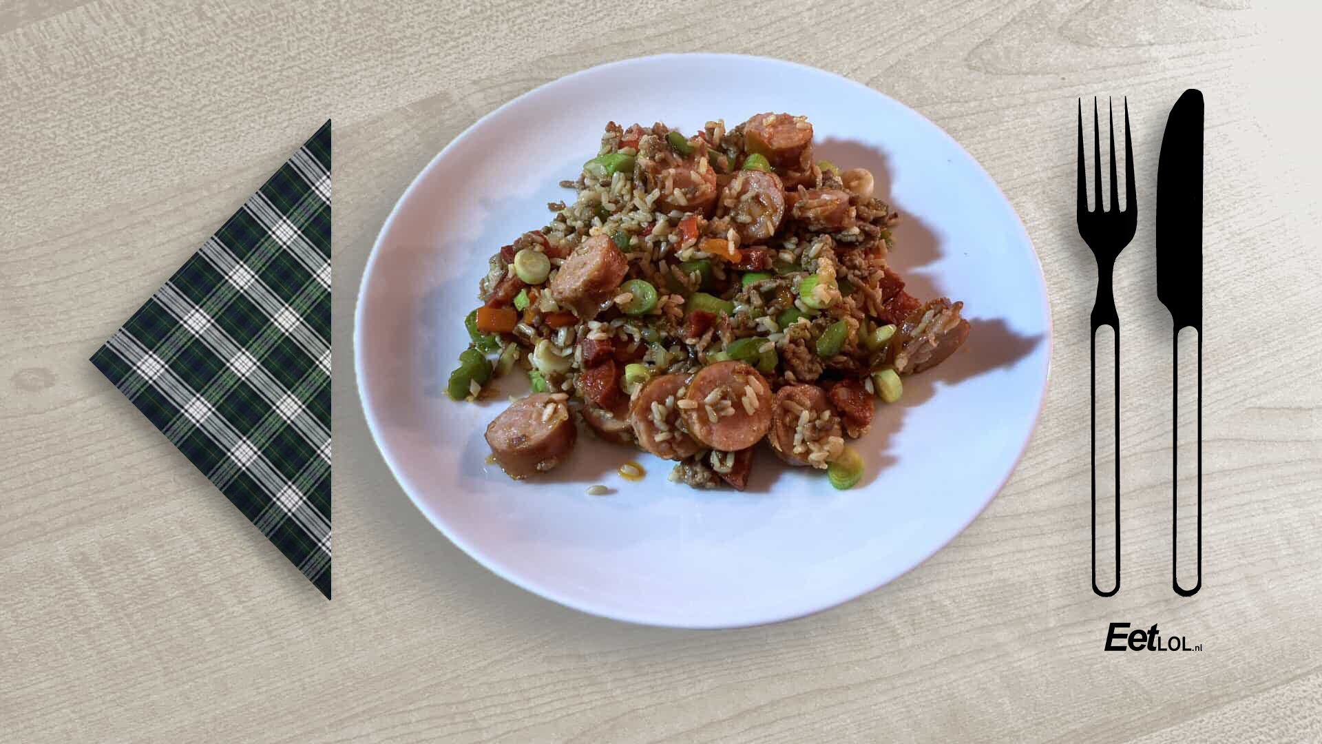 Jambalaya met gehakt en rookworst