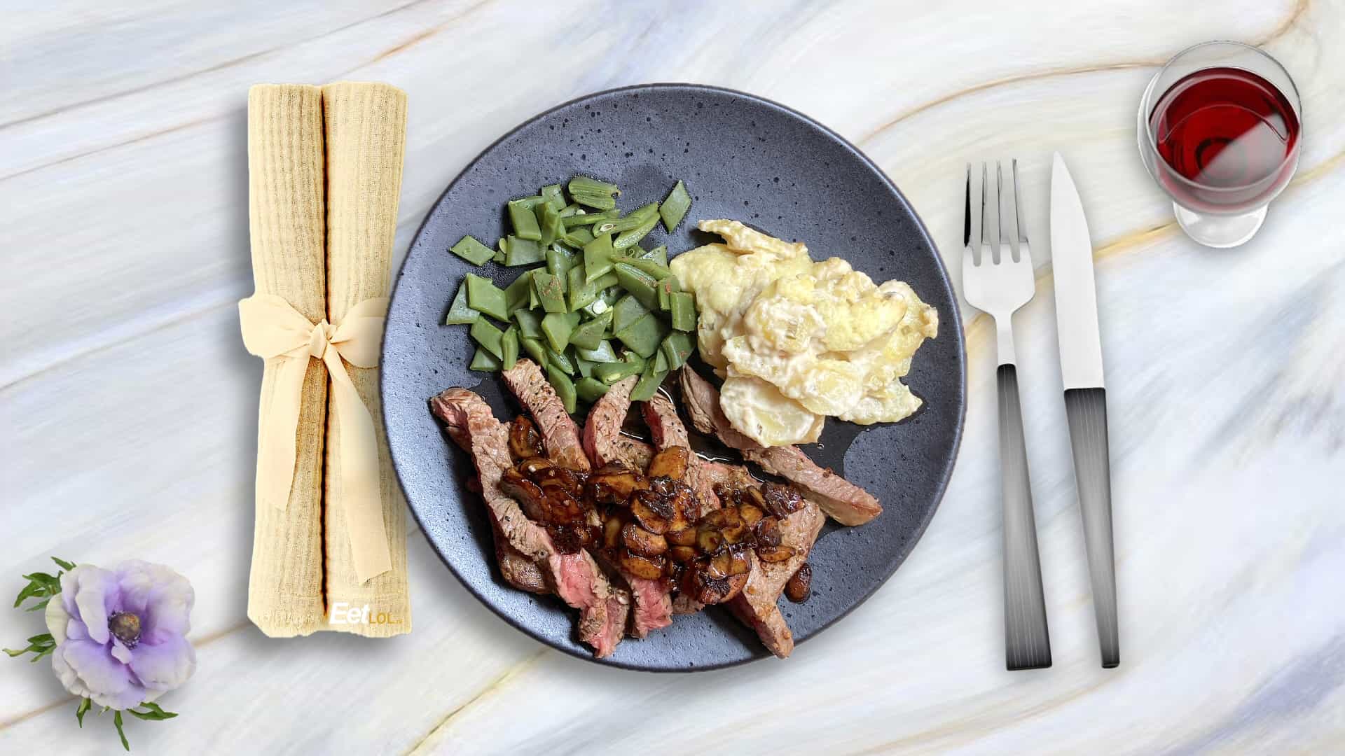 Ribeye met aardappelgratin en snijbonen