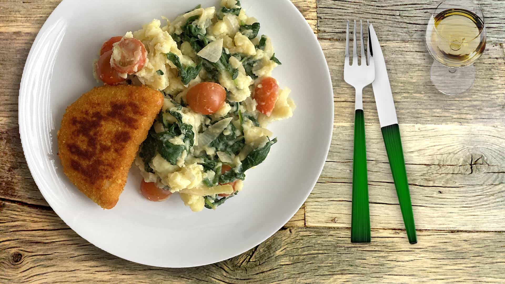 Spinazie zomerstamppot met kip cordon bleu