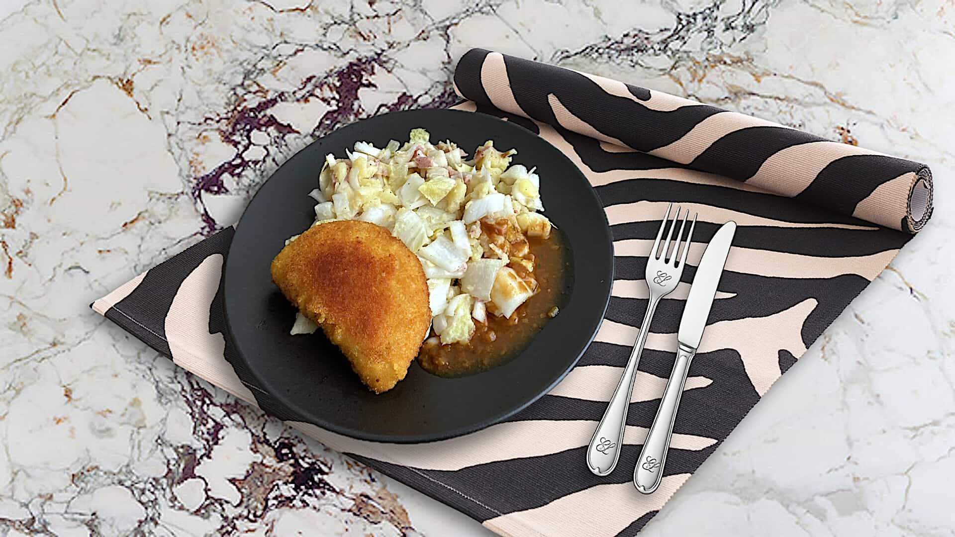 Witlofstamppot met ham, ananas en Cordon Bleu